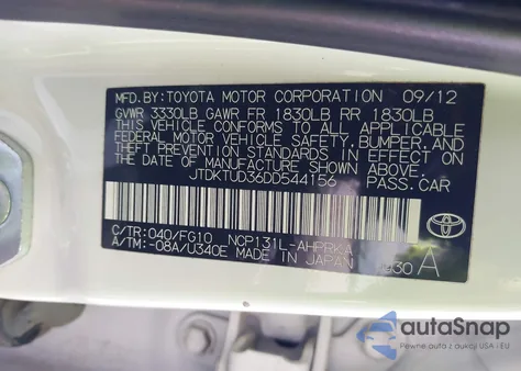 2013 Toyota Yaris Le from USA, damaged, VIN JTDKTUD36DD544156